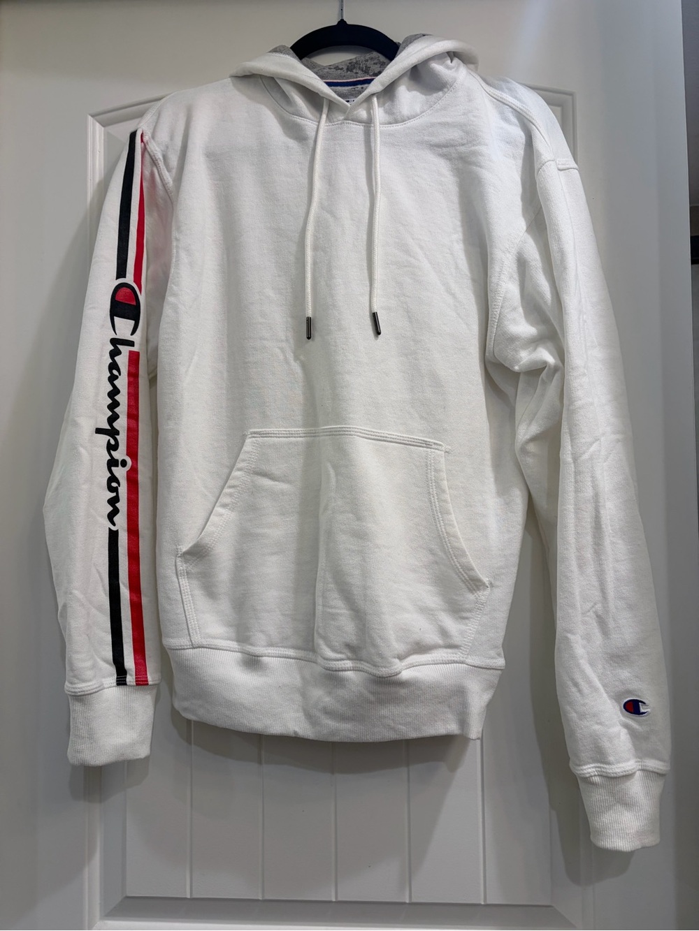 Champion White Hoodie with Red & Black Sleeve Stripes